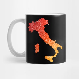 Colorful mandala art map of Italy with text in red and orange Mug